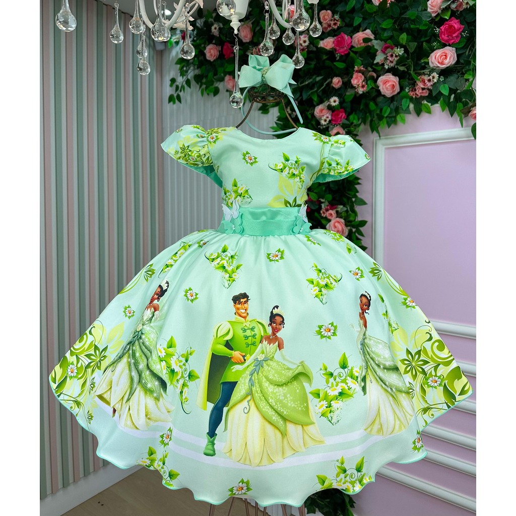 Vestido Temático Luxo Tiana A Princesa e o Sapo Infantil Juvenil Festa Casual Menina Dia a Dia Feminino Verão Elegante Aniversário Confortável Delicado Fofo Rodado Moderno Princesa Luxo Sofisticado