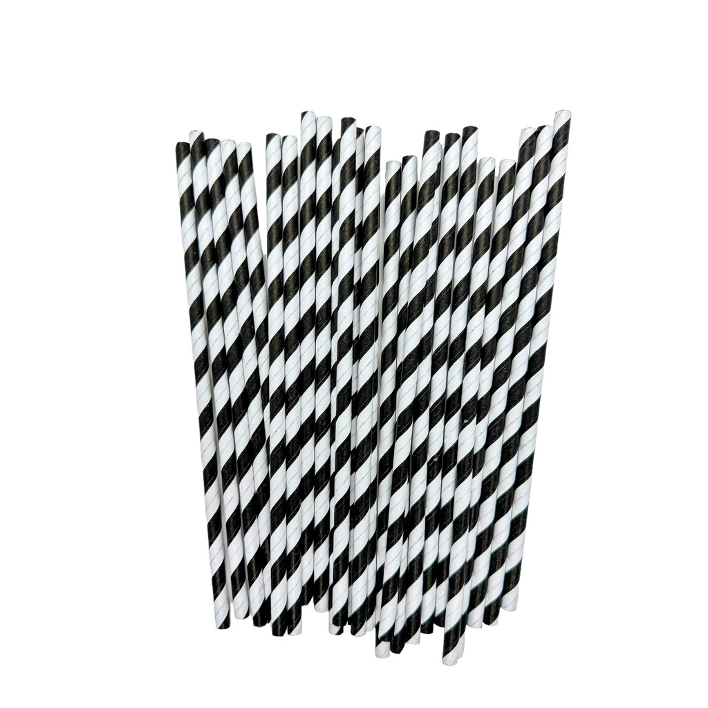 Canudo de Papel Preto Listrado Grande 25 Unidades