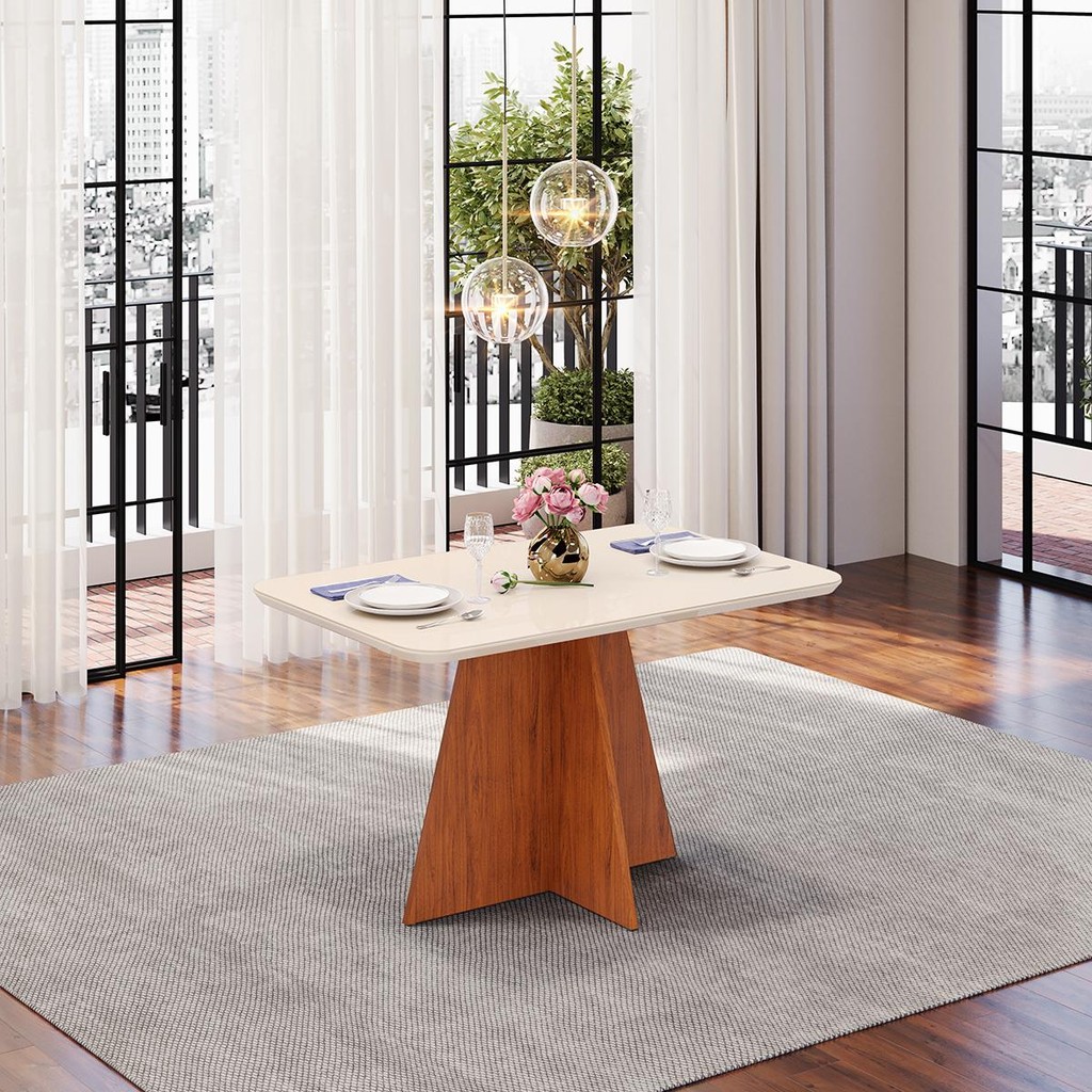 Mesa de Jantar Retangular Tampo de Vidro 136x90 DJ Móveis Siena Freijó Off White em Oferta na Shopee