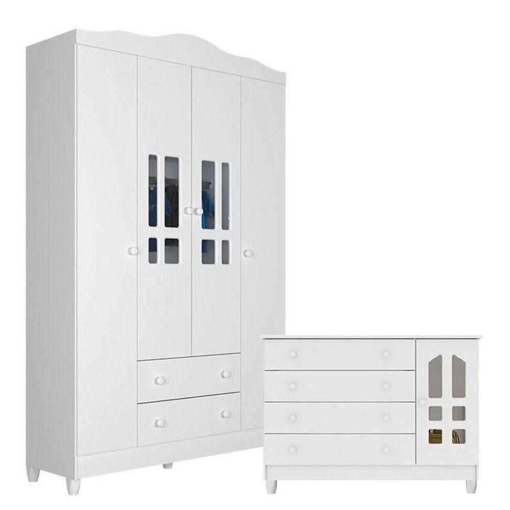 Cômoda Gran Selena E Guarda Roupa Infantil Ariel 4 Portas Branco Brilho - Carolina em Oferta na Shopee