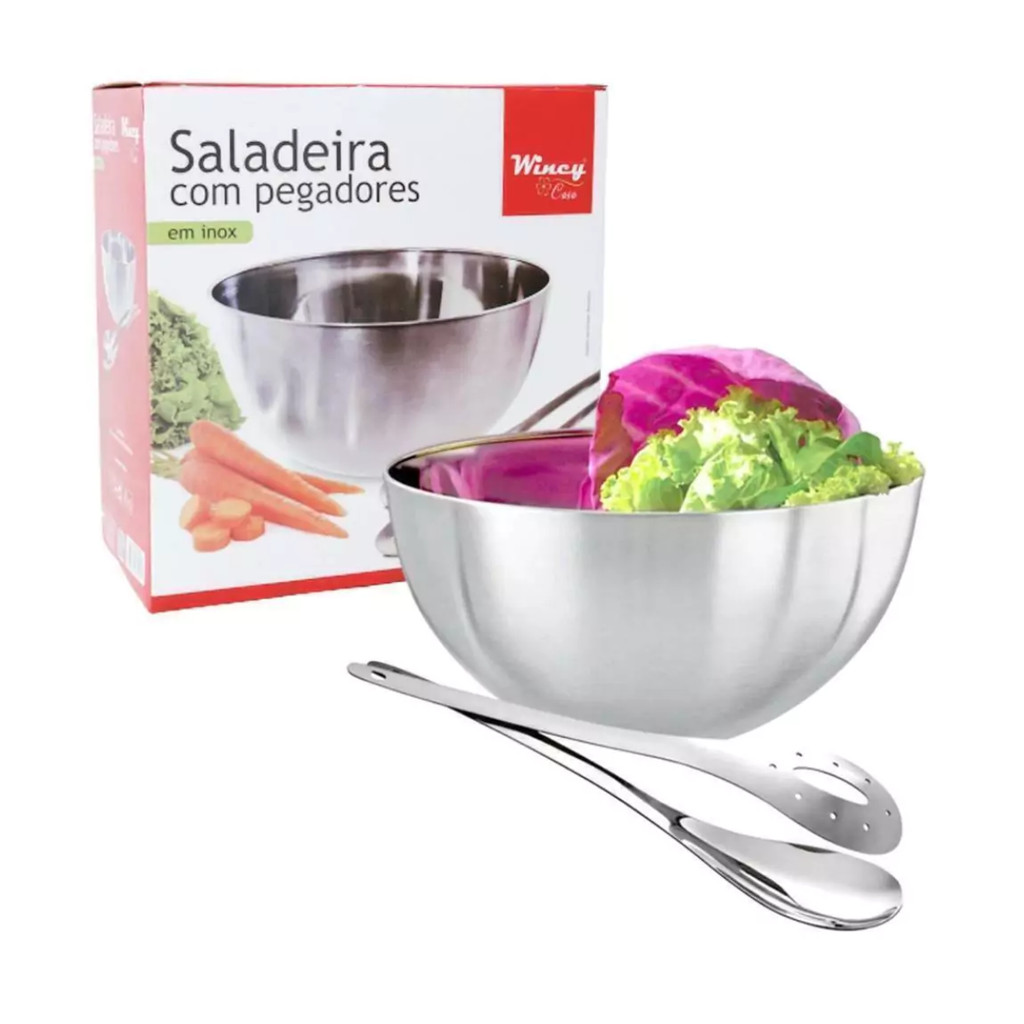 Kit Saladeira Redonda Completa em Inox Wincy 3 Peças com Pegador para Saladas e Servir