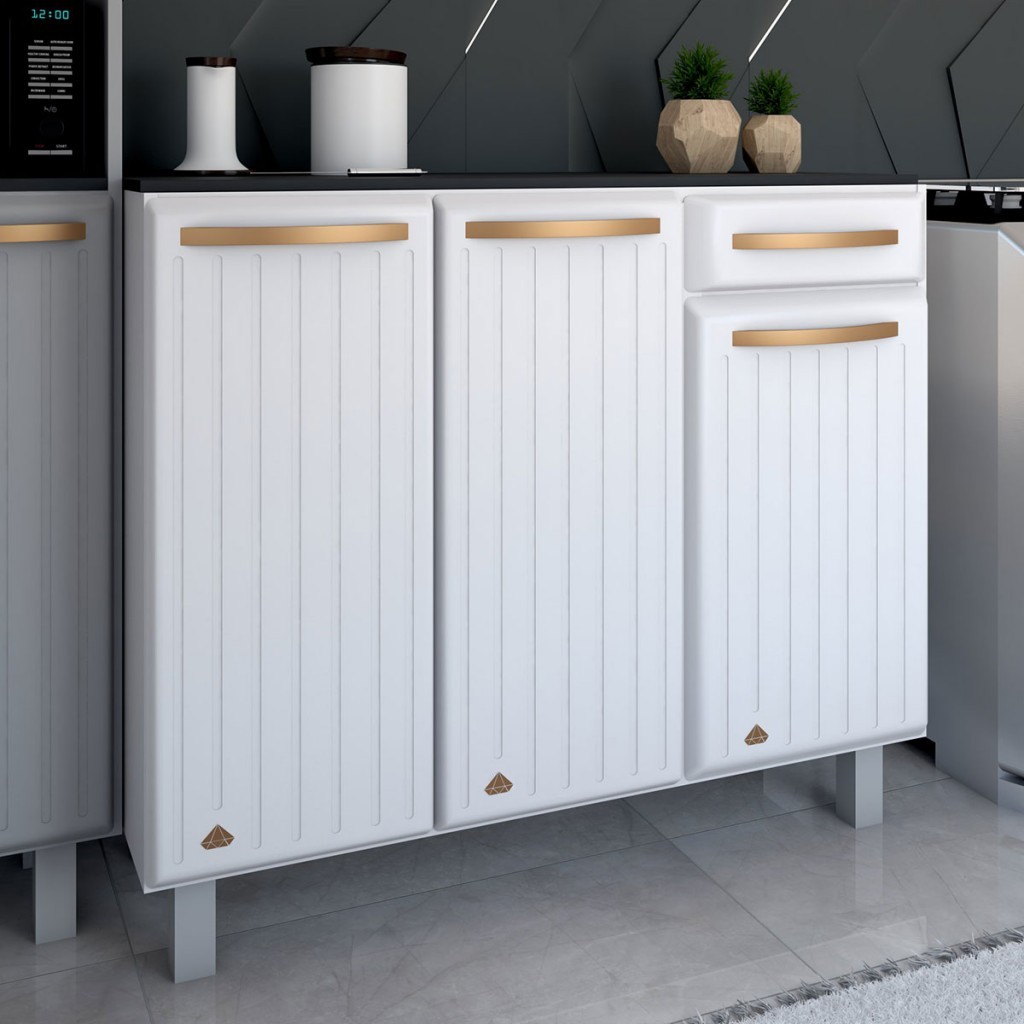 Armário de Cozinha em Aço Steel com Tampo 3 Portas 1 Gaveta