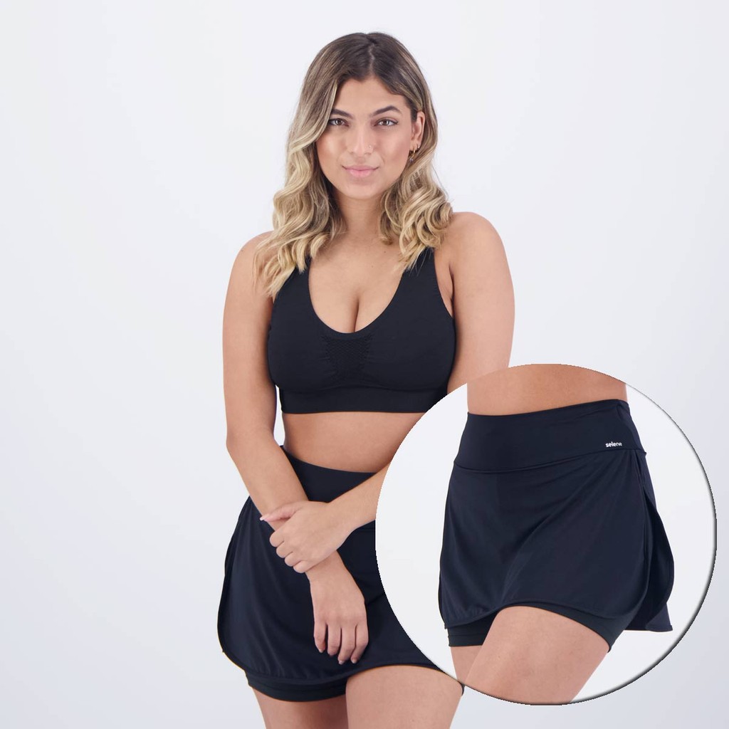 Conjunto Selene Top Sem Costura + Shorts Saia Preto em Oferta na Shopee