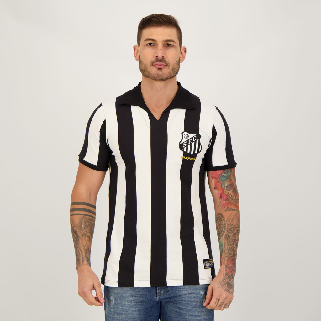 Camisa Santos Retrô Bimundial Preta e Branca em Oferta na Shopee
