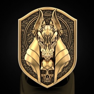 Criativo antigo mitologia egípcia morte Anubis anel Retro Jackal cabeça corpo banhado a ouro 18k anel masculino
