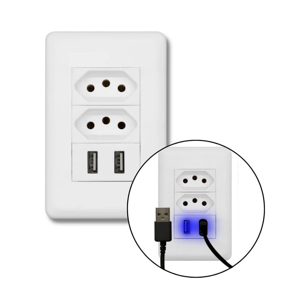 Tomada Parede Com 2 Usb Carregador Fonte DUO Universal Bivolt