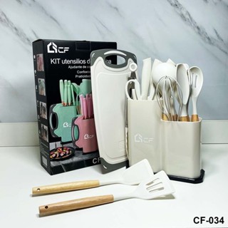 Kit 19 Utensílios De Cozinha Cabo Madeira E Silicone