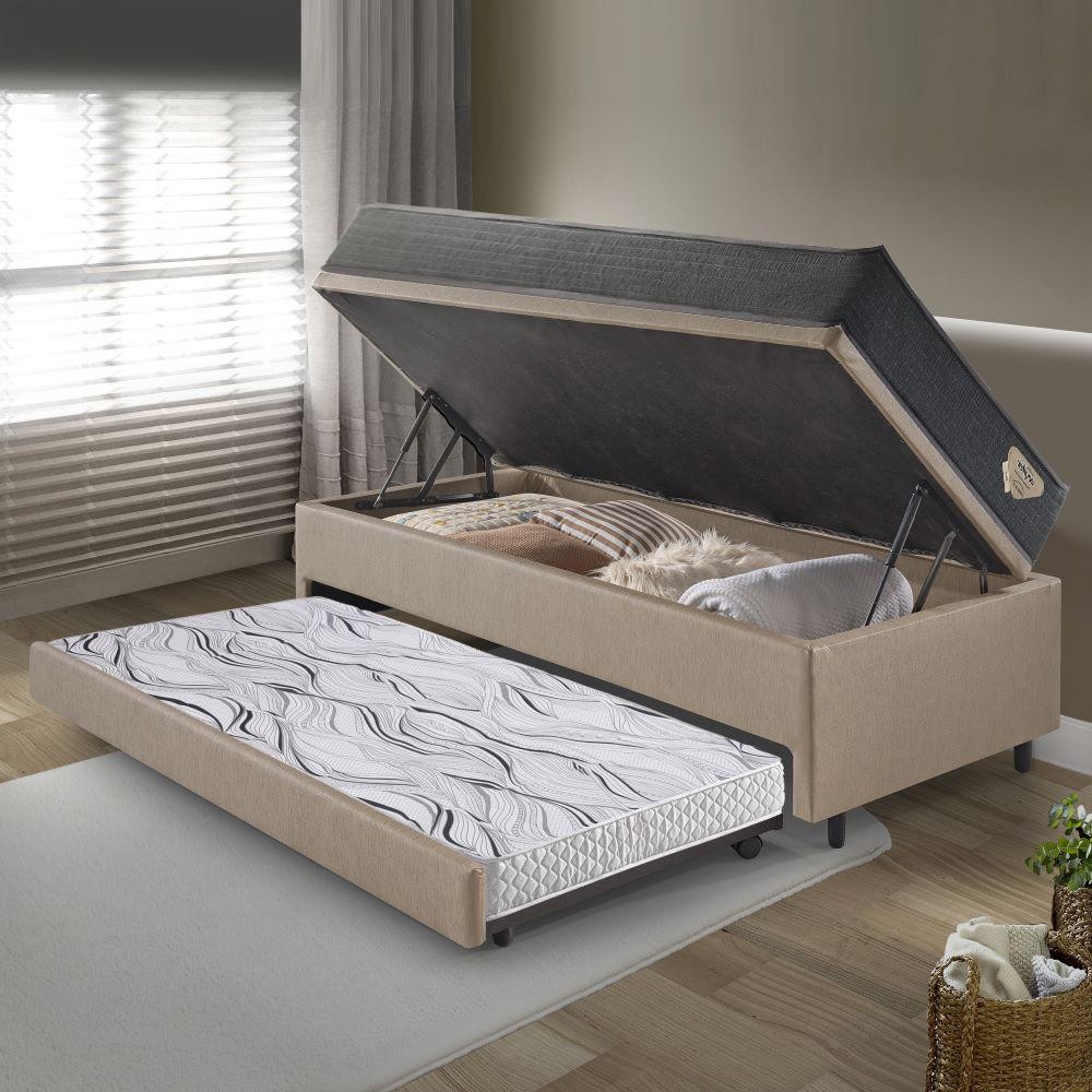 Bicama Box Baú Viúva 120x203 Courino Linho Bege com Colchão Adapto Molas Ensacadas Ecoflex