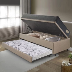 Bicama Box Baú Viúva 120x203 Courino Linho Bege com Colchão Adapto Molas Ensacadas Ecoflex