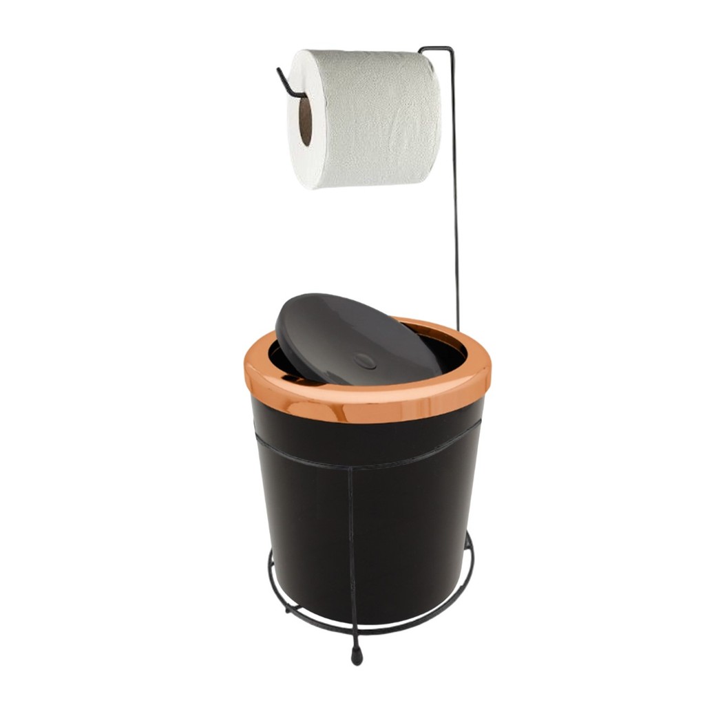 Kit Suporte Porta Papel Higiênico Lixeira 5L Lixo Cesto Tampa Basculante Redonda Banheiro Preto Rose Gold - Rotaplast