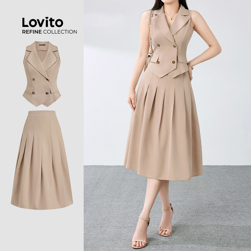 (Lovito Refine) Conjuntos de Saias Elegantes com Botões e Pregas Primavera/verão Saia de Cáqui leve LR12E002 em Oferta na Shopee