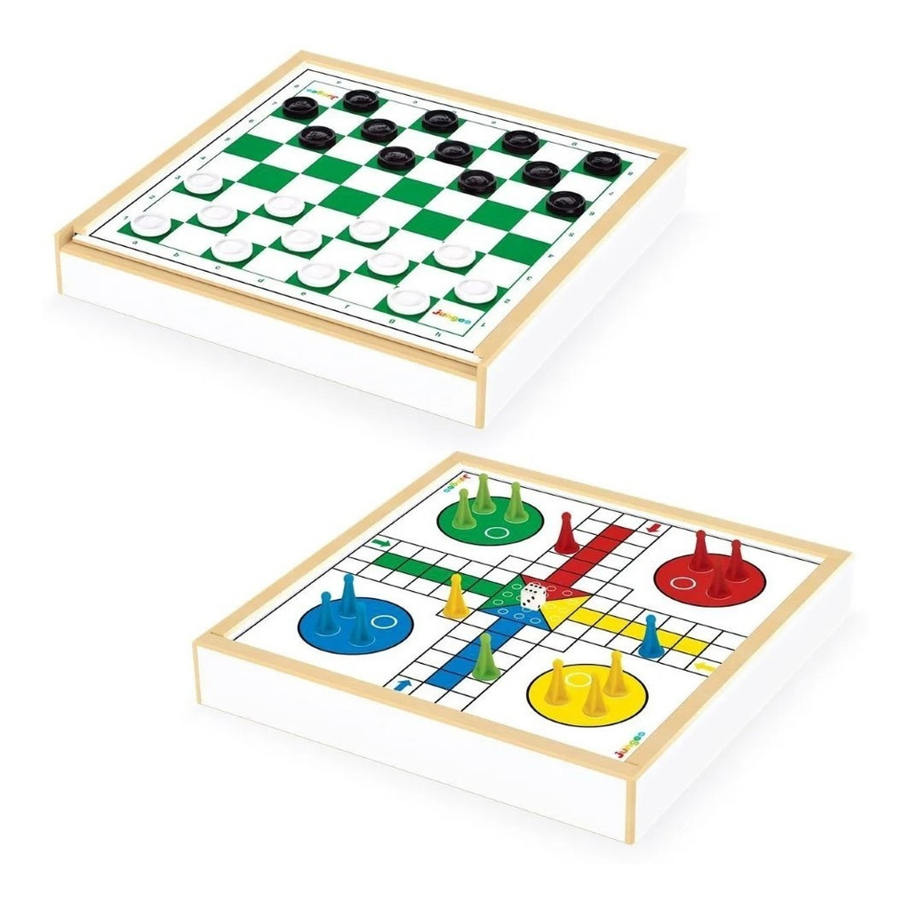 Jogo Damas Ludo Branco 2 em 1 Estojo MDF Brinquedo Dama Tabuleiro MDF Madeira Antigo Classico Junges