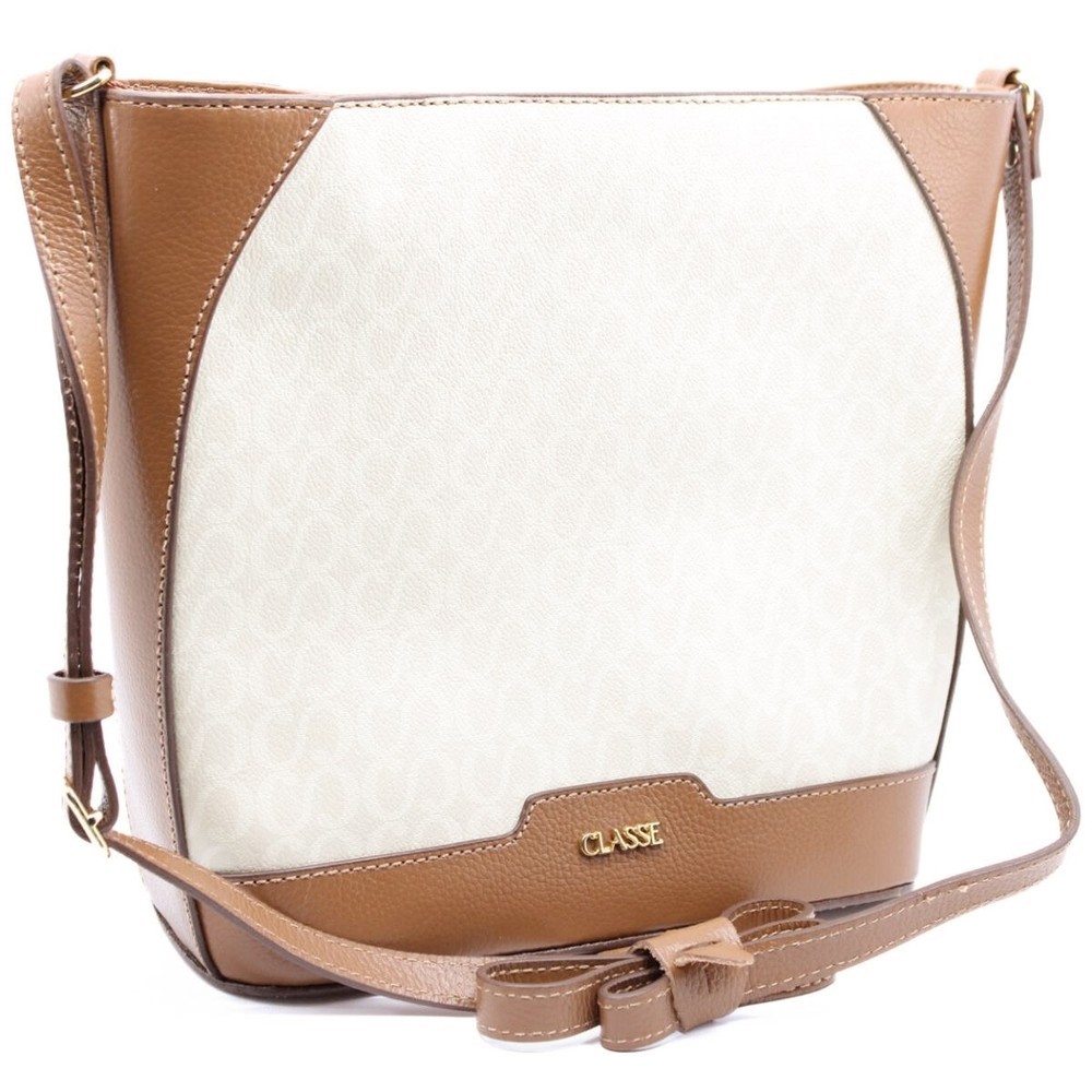Bolsa Classe Couro Legítimo Casual Canvas Feminina - Creme - Women Bags