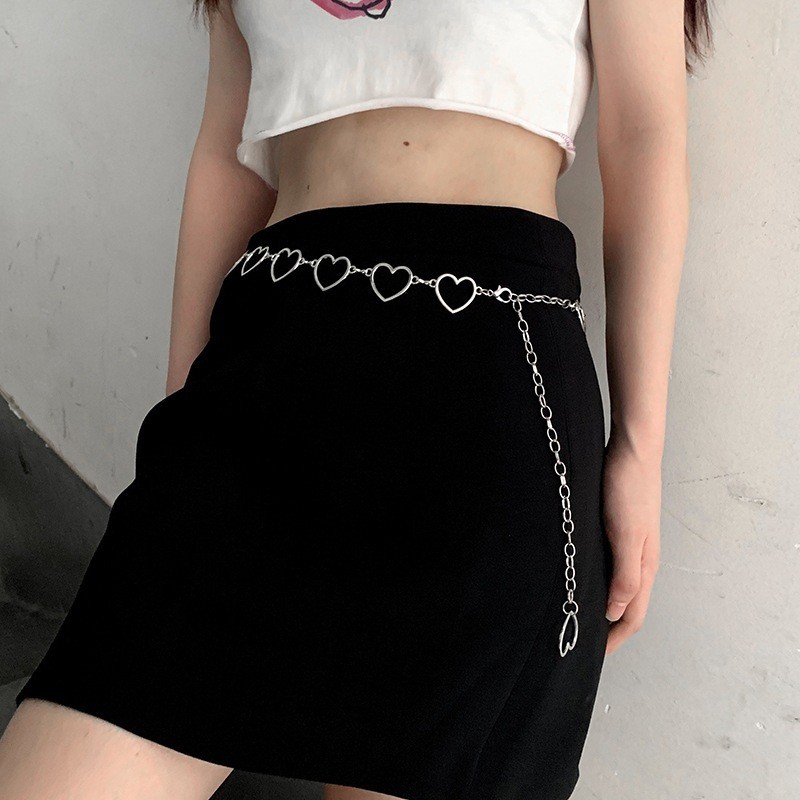 Moda Feminina Punk Hip Hop Prata Oco Coração Amor Cintura Corrente Ajustável Chique Versátil Para Roupas Casuais