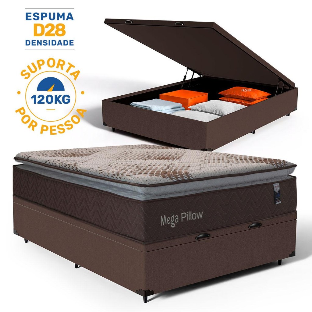 Cama Box Baú com Colchão de Espuma Mega Pillow Casal 138cm - Home & Living