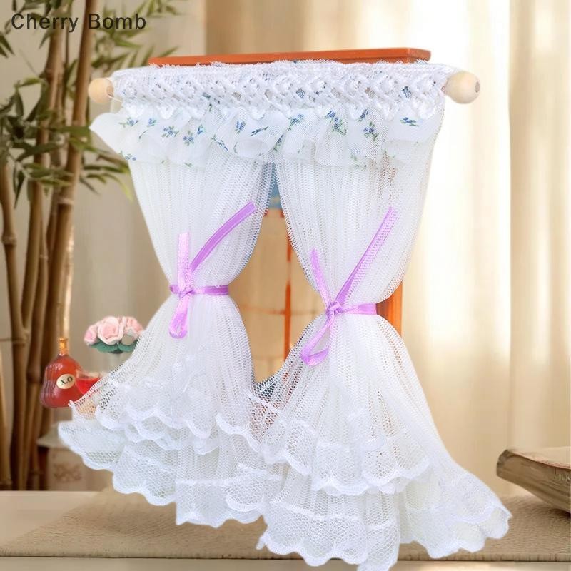 (Bomba De Cereja) 1/12 Casa De Bonecas Cortinas De Renda Modelo Quarto Sala De Estar Decoração Acessórios De Móveis Micr
