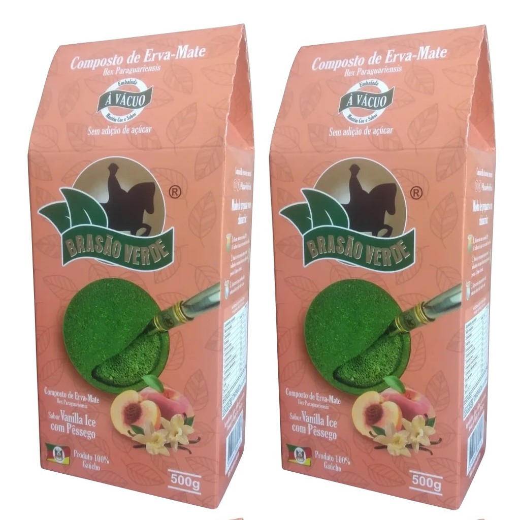 2 Erva Mate Chimarrão BRASÃO VERDE VANILLA ICE PÊSSEGO 500gr
