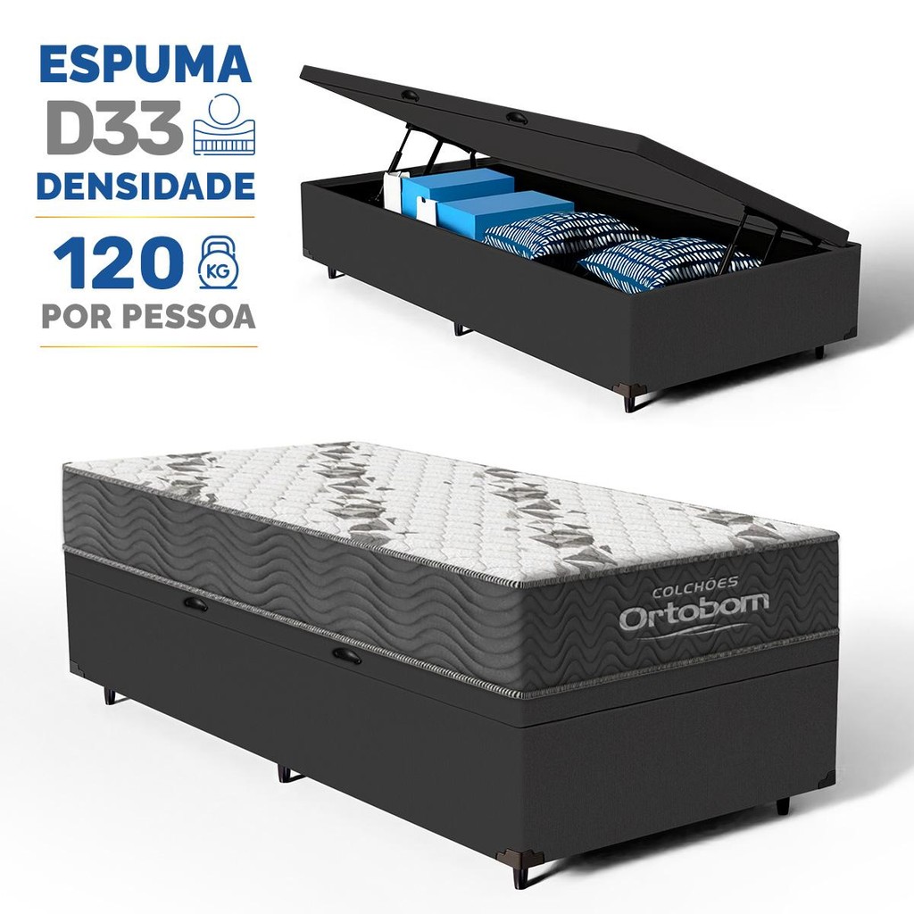Cama Box Baú com Colchão de Espuma D33 Airtech 100 Ortobom Solteiro 78cm em Oferta na Shopee