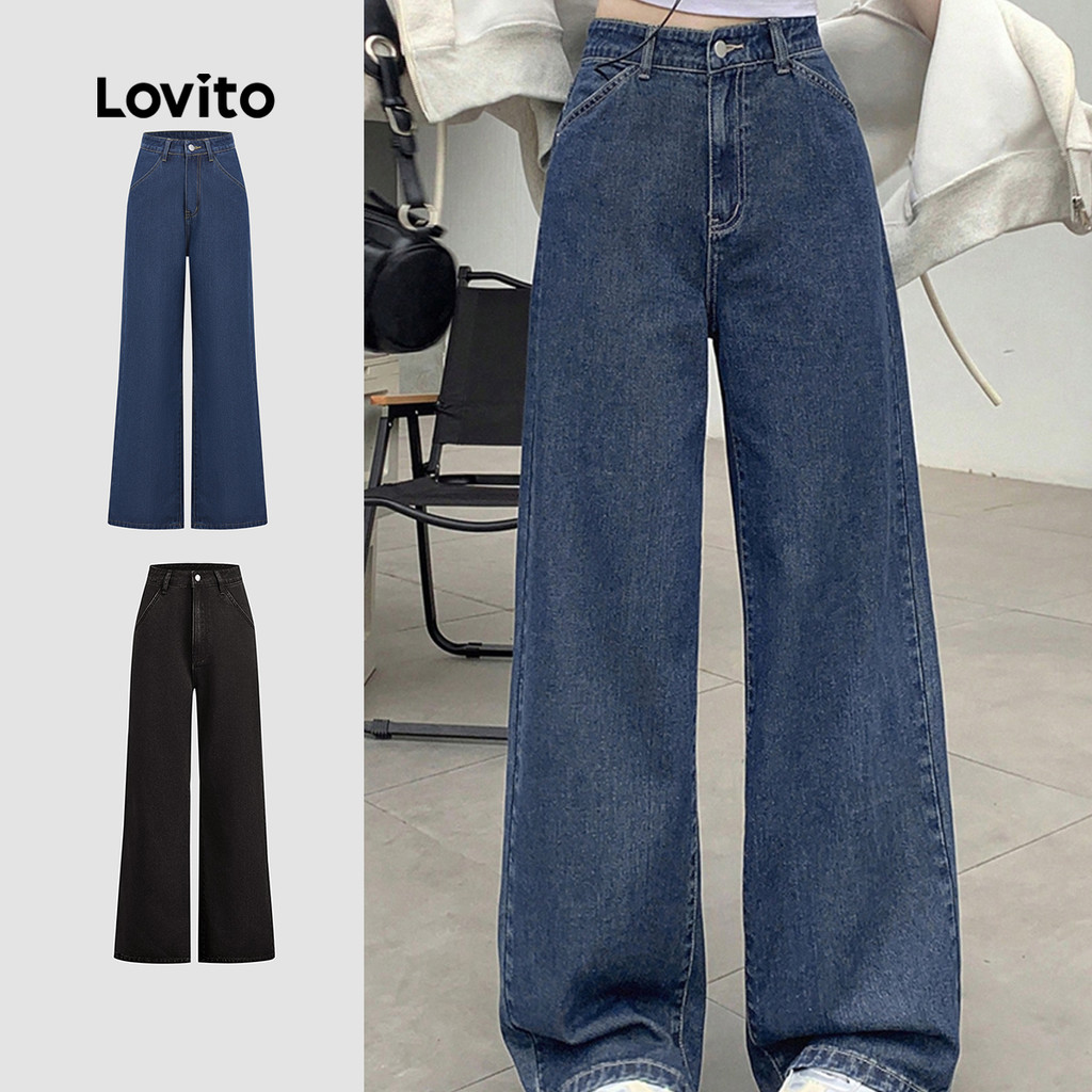 Lovito Jeans Casuais Jeans Lisos Lavados Para Mulheres L114AD616 - Women Clothes