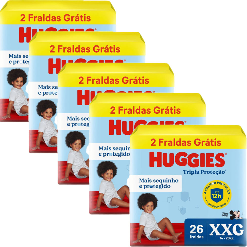 Kit 5 Fraldas Huggies Tripla Proteção Meguinha XXG - 130 Tiras - Mom & Baby