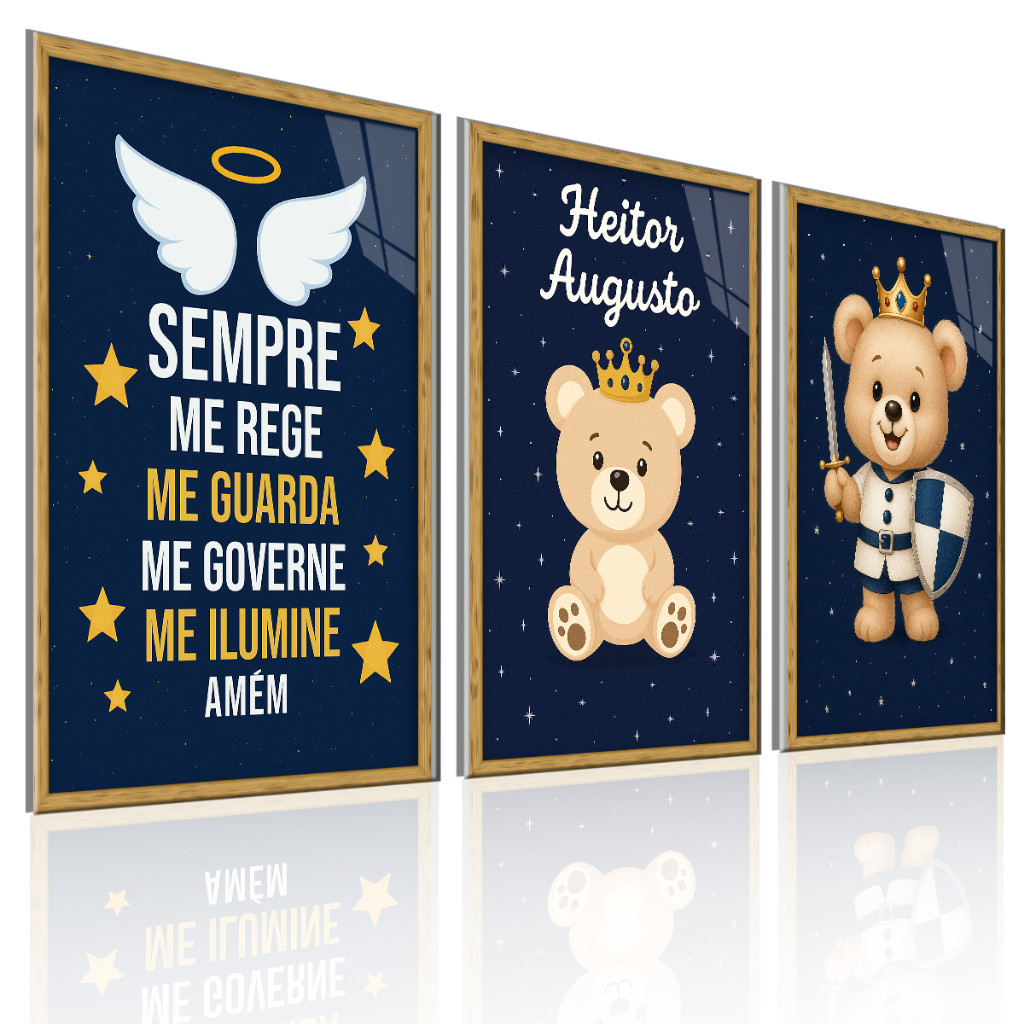 Quadros Decorativos Personalizável Com Nome Quarto Bebê Menino Urso Anjo Da Guarda Kit 3 Peças em Oferta na Shopee