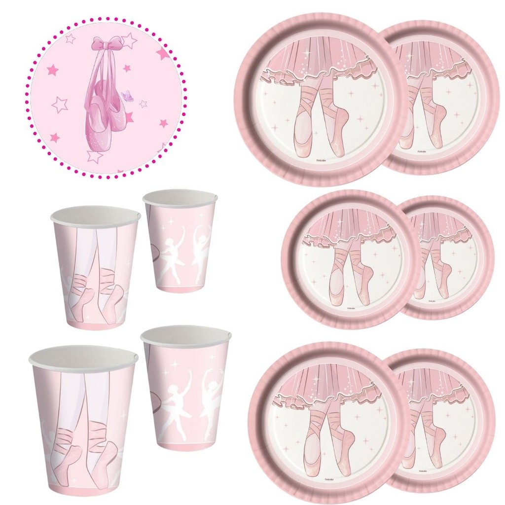 KIT FESTA BAILARINA 8 PRATOS + 8 COPOS DESCARTÁVEL 200 ML PAPEL - FESTCOLOR em Oferta na Shopee