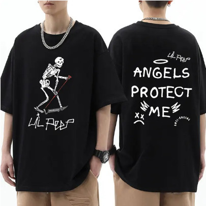 Camiseta Premium em Algodão Puro Camiseta Unissex Lil Peep Angels Protect Me Streetwear T-shirt Algodão Simples Con