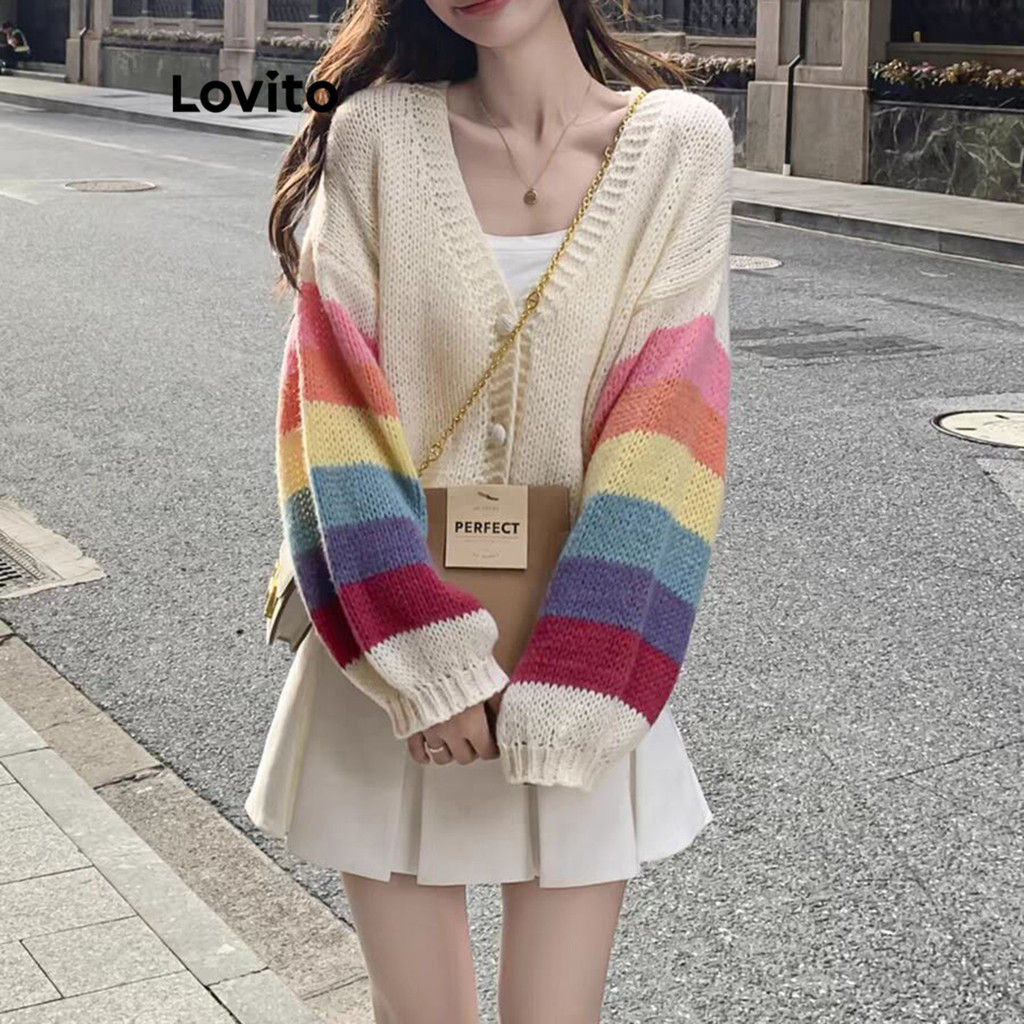 (Trendy) Lovito Cardigãs casuais lisos colorblock para mulheres LNE69108 - Women Clothes
