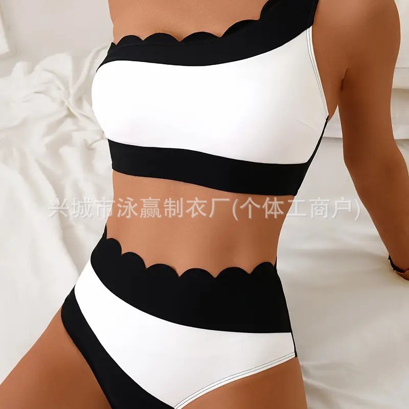 2025 novo estilo biquíni transfronteiriço cor combinando renda de um ombro cintura alta Sexy Split bikini maiô feminino