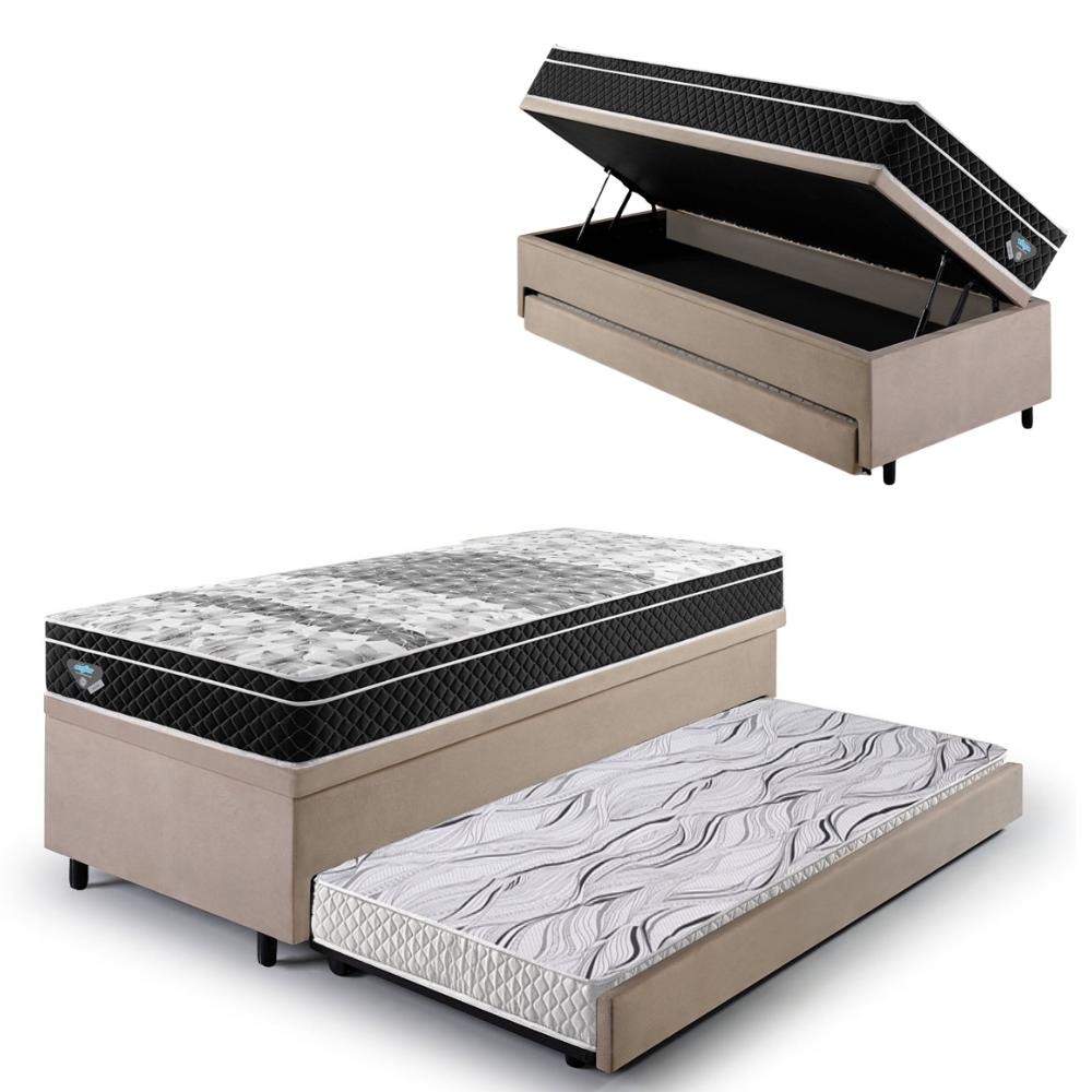 Bicama Box Baú Solteiro Com Colchão Gransleep Ecoflex Molas Verticoil Suede Bege 88x188