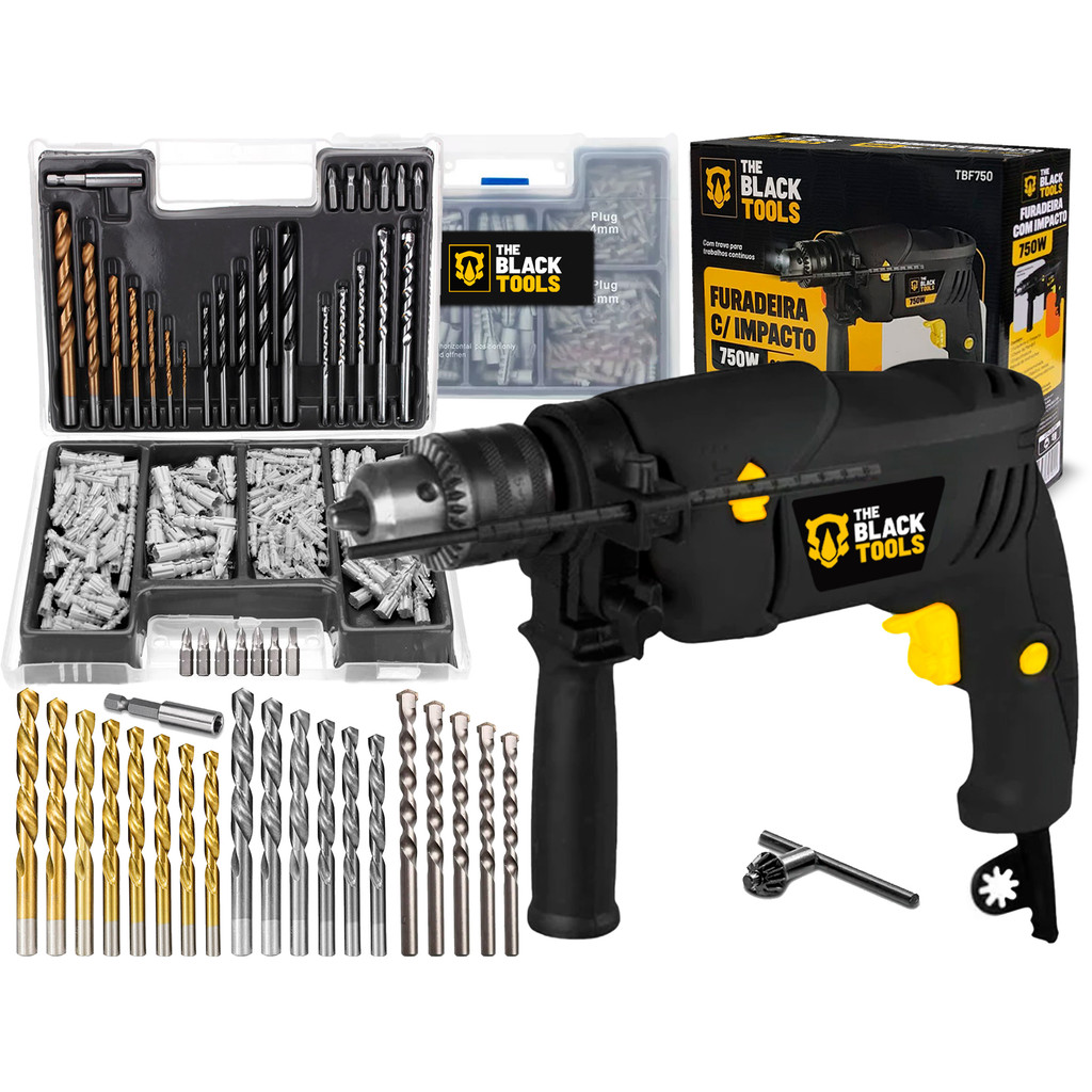 Furadeira De Impacto 13mm 750w Profissional com Kit 300 Peças The Black Tools em Oferta na Shopee