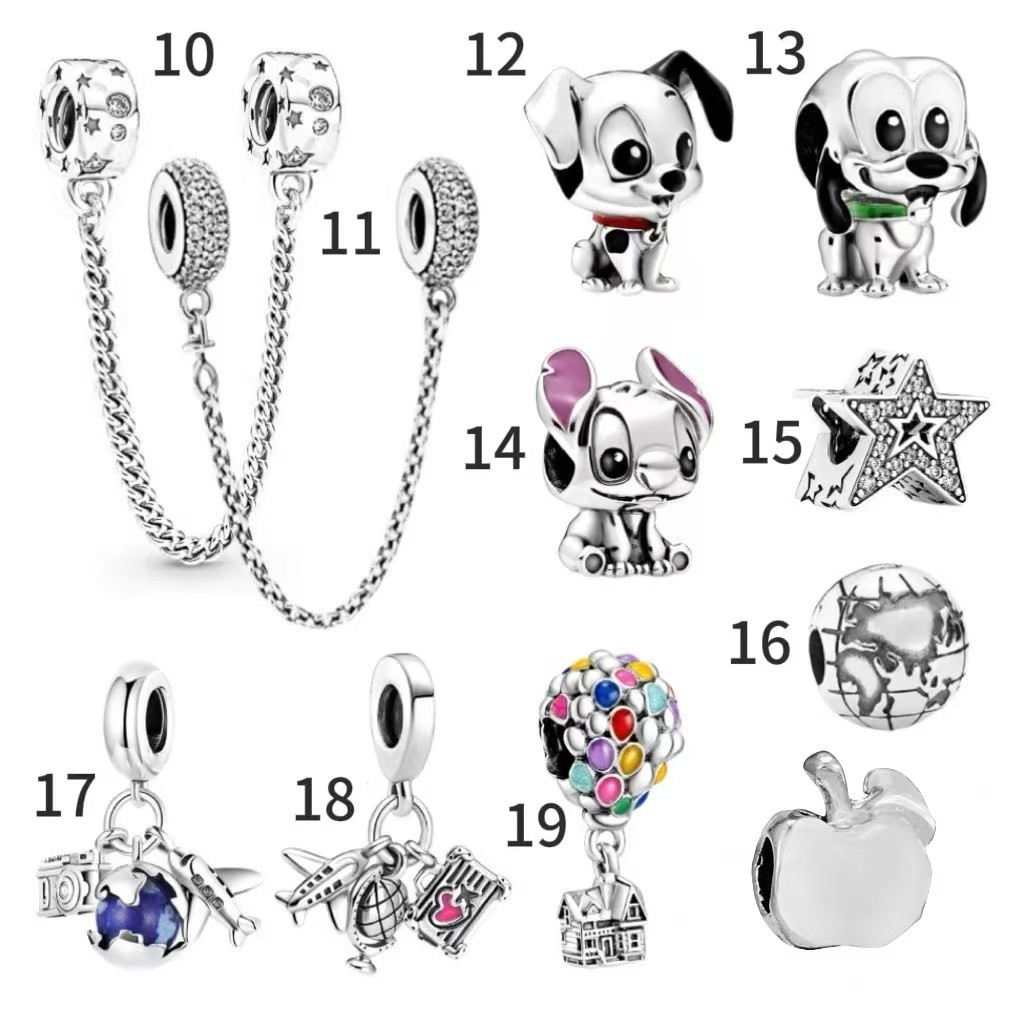 Conjunto de 4 peças pingentes em prata S925 nos formatos de cachorrinho globo terrestre e avião ideais para pulseiras