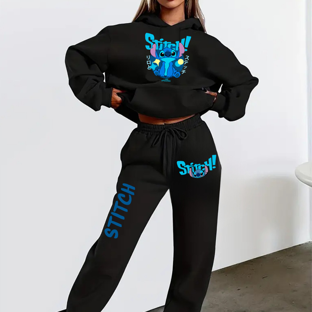 Conjunto Moletom Feminino Stitch Angel | Blusa Canguru + Calça | Inverno Quentinho Rosa e Azul