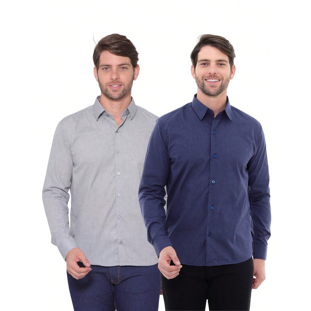 KIT Masculino 2 Peças -Camisa Social Masculina Premium Tipo Linho Smoke e Camisa Social Tipo Linho Azul Marinho