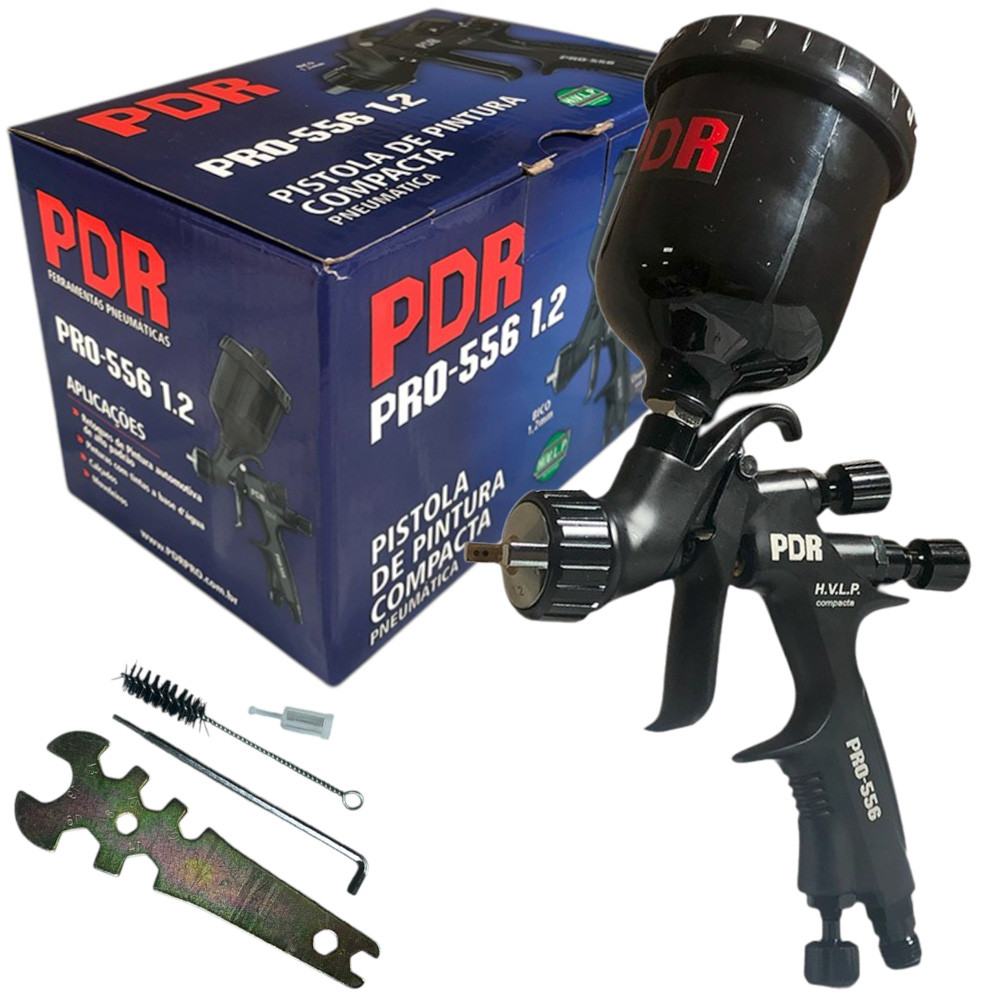 Pistola de Pintura Compacta Profissional PDR Sistema HVLP Bico 1.2mm 36psi Copo Preto 250ml