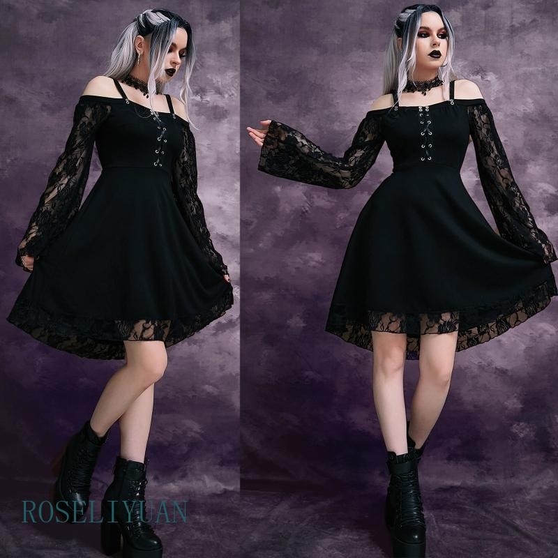 ROS Vestido Feminino Gótico Renda Comprida Ombro Bandagem Cintura