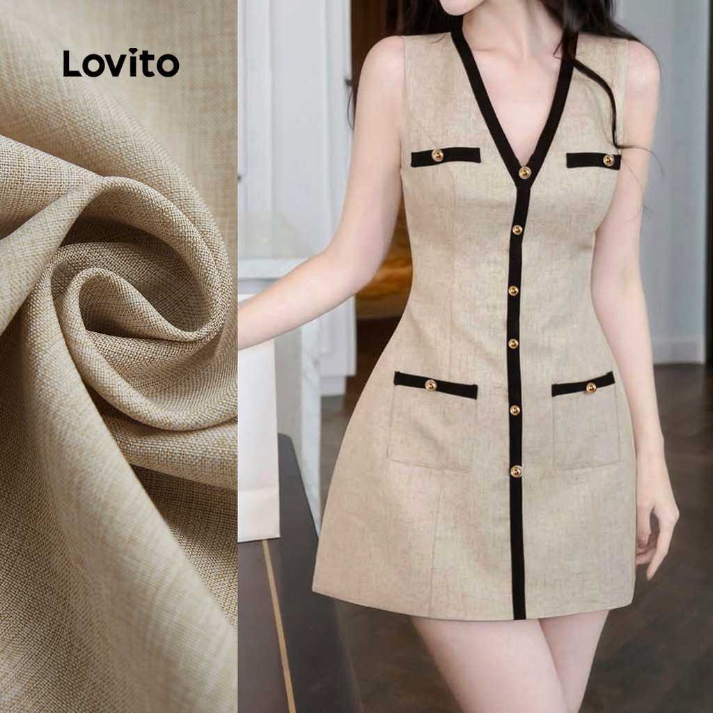 (New) Lovito Vestido Elegante de Corbloc com Botões para Primavera/verão para Mulheres L143ED612 em Oferta na Shopee