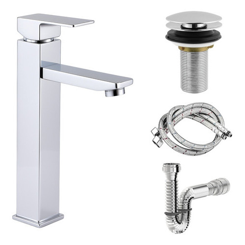 Torneira Banheiro Misturador Monocomando Bica Alta Inox + Válvula Clikc 7/8 e Kit Instalação Luxo