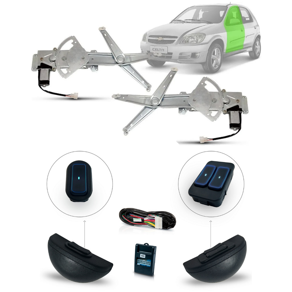 Kit Vidro Eletrico Celta (2002-2015) / Prisma (2006/2009) 4 Portas Dianteiro Inteligente Ultraled Personalizado Azul