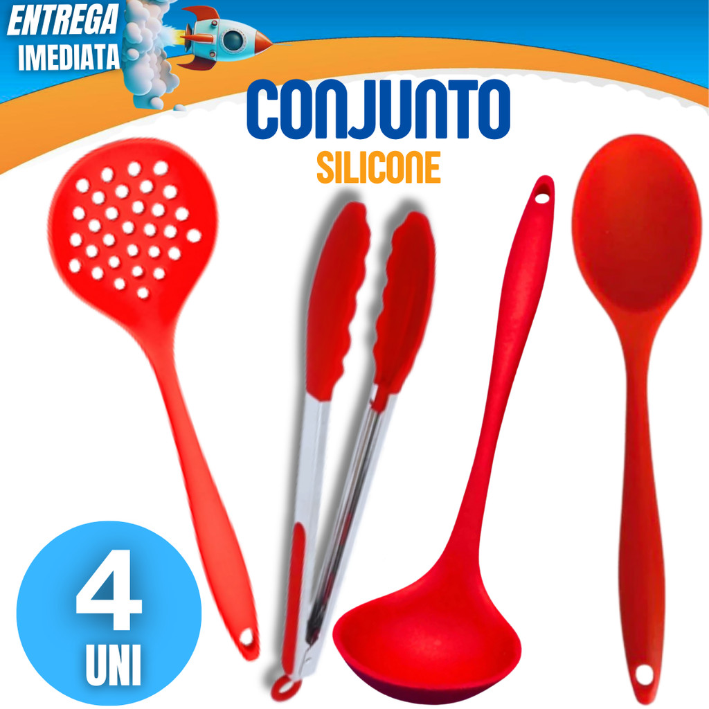 Kit de 4 Utensílios de Cozinha Silicone Resistente Casa Buffet Restaurante