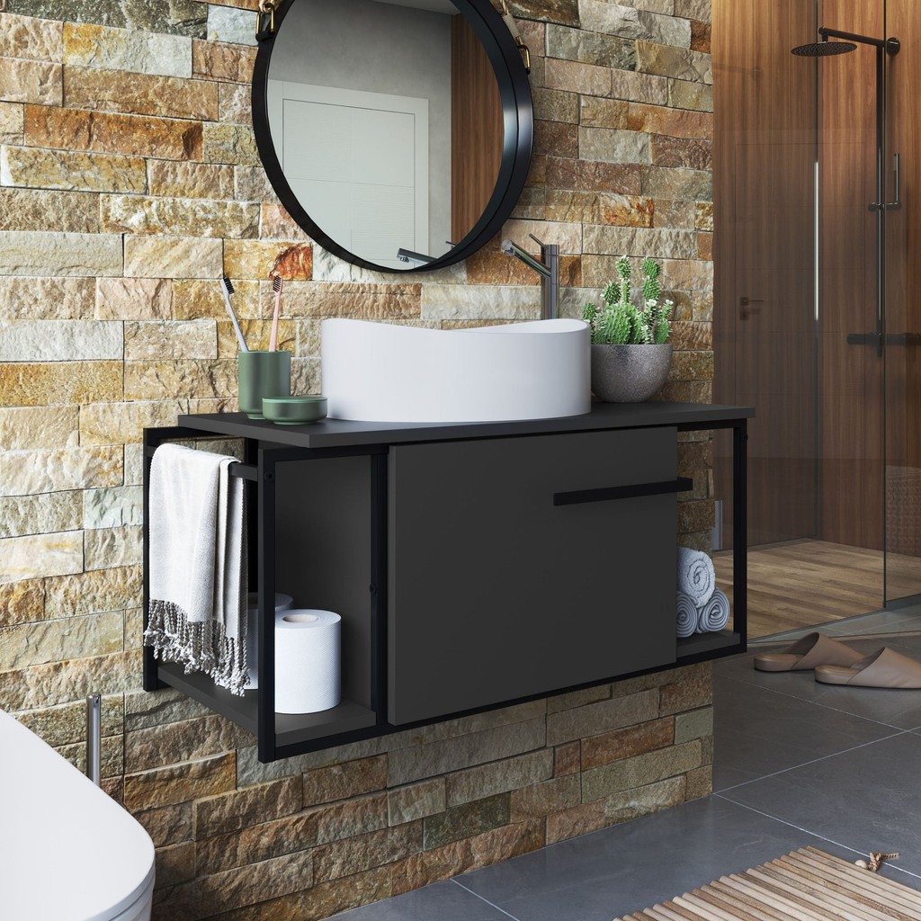 Gabinete Suspenso Para Banheiro 80cm P1019 Grafite Com Cuba Berlin Branca em Oferta na Shopee