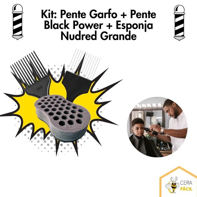 Kit Pente Garfo + Pente Black Power + Esponja Nudred