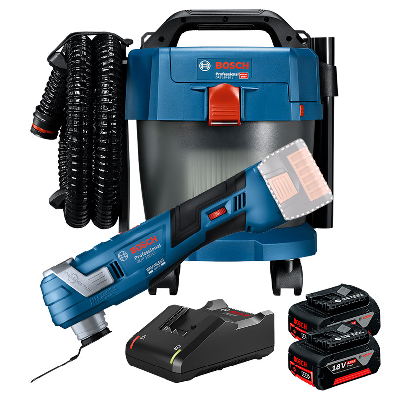 Kit Aspirador de Pó GAS 18V-10L Premium + Multicortadora Oscilante GOP 185-LI + 2 Bateria 4Ah + Carregador Rápido Bosch