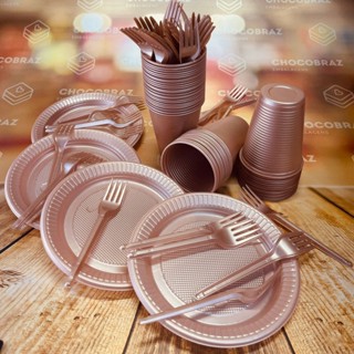 Kit Festa 50 PESSOAS DESCARTAVEIS ROSÊ GOLD PEROLADO GARFO + PRATO + COPO em Oferta na Shopee