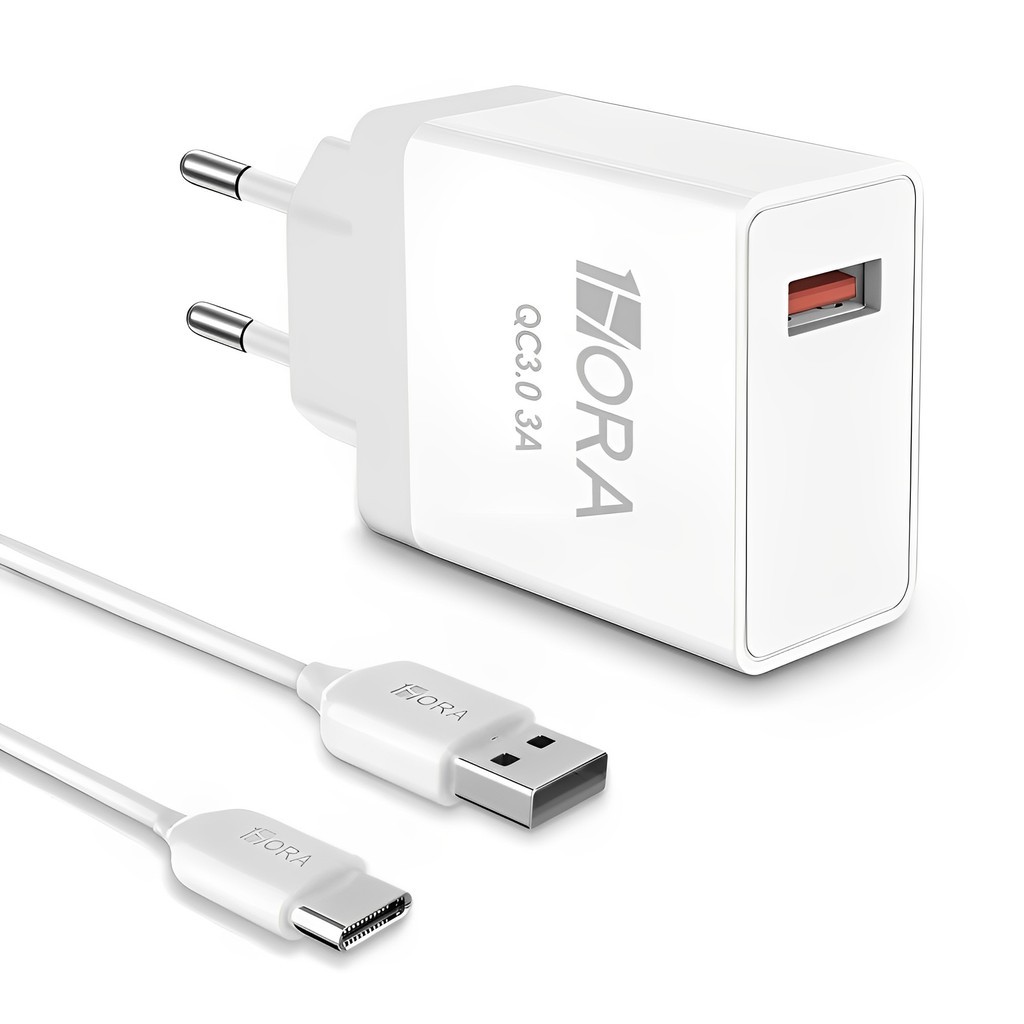 Carregador Usb 1Hora + Cabo Usb Tipo A/C 3A Branco