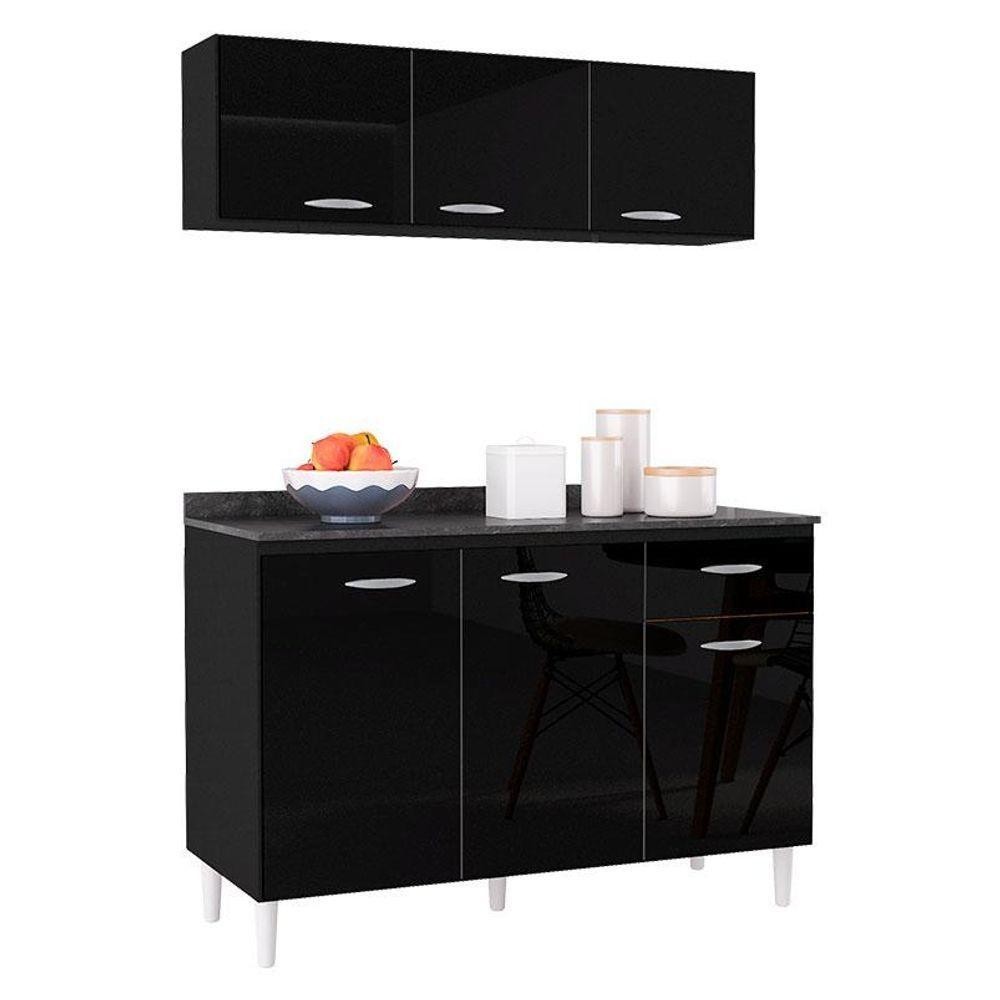 Balcão De Cozinha Com Tampo E Armário Aéreo 120 Cm Preto - Poquema em Oferta na Shopee