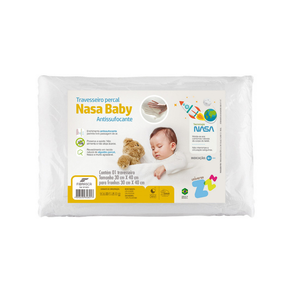 Travesseiro NASA Baby Antissufocante Infantil Percal 180 Fios Antiácaros 30x40cm - Fibrasca - Branco em Oferta na Shopee