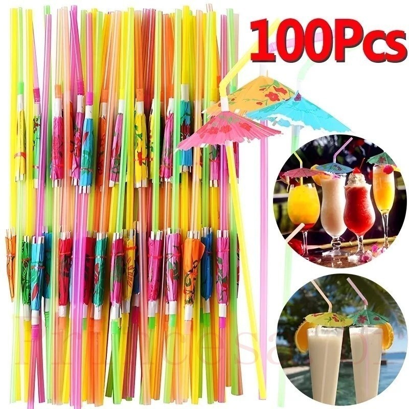 100 PCS Guarda-Chuva Descartável Canudos Descartáveis De Plástico Para Festas Temáticas De Praia Decoração De Coquetel De Bar