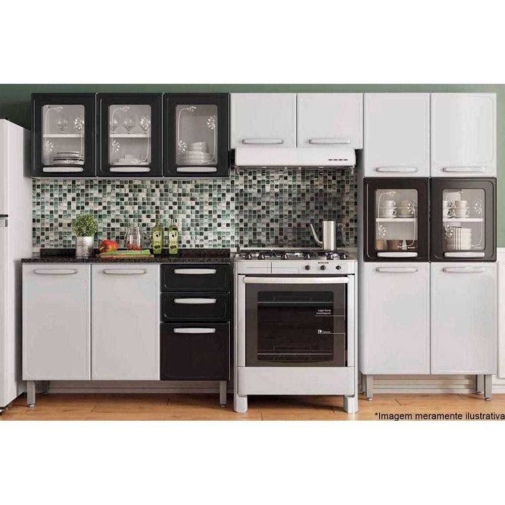 Cozinha Completa Evidence 4 Peças (2 Armários + 1 Balcão + 1 Paneleiro) C4P56 Branco/Preto - Bertolini - Home & Living