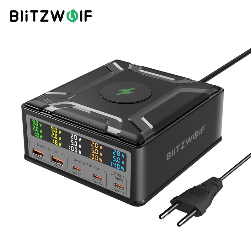 BlitzWolf ® BW-S28 260W 5 Portas USB PD Display Digital 140W PD3.1 PPS Carregador Rápido 2USB-A + 3USB-C Com Sem Fio De 15W Estação De Carregamento De Mesa EU Plug em Oferta na Shopee